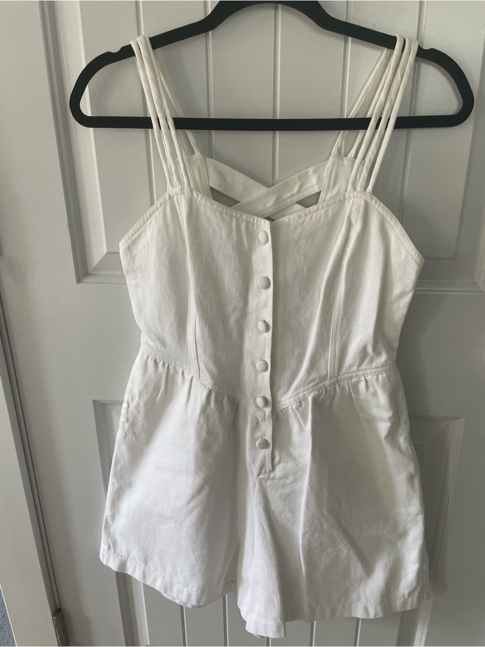 Vintage White Strappy Button-Front Romper with sun patch